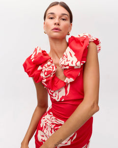Vestido rojo volante escote