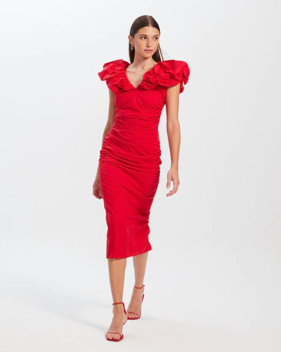 Vestido Lino fino beige con aplicaciones rojo Modelo Italiano codigo H0811  – La Boutique
